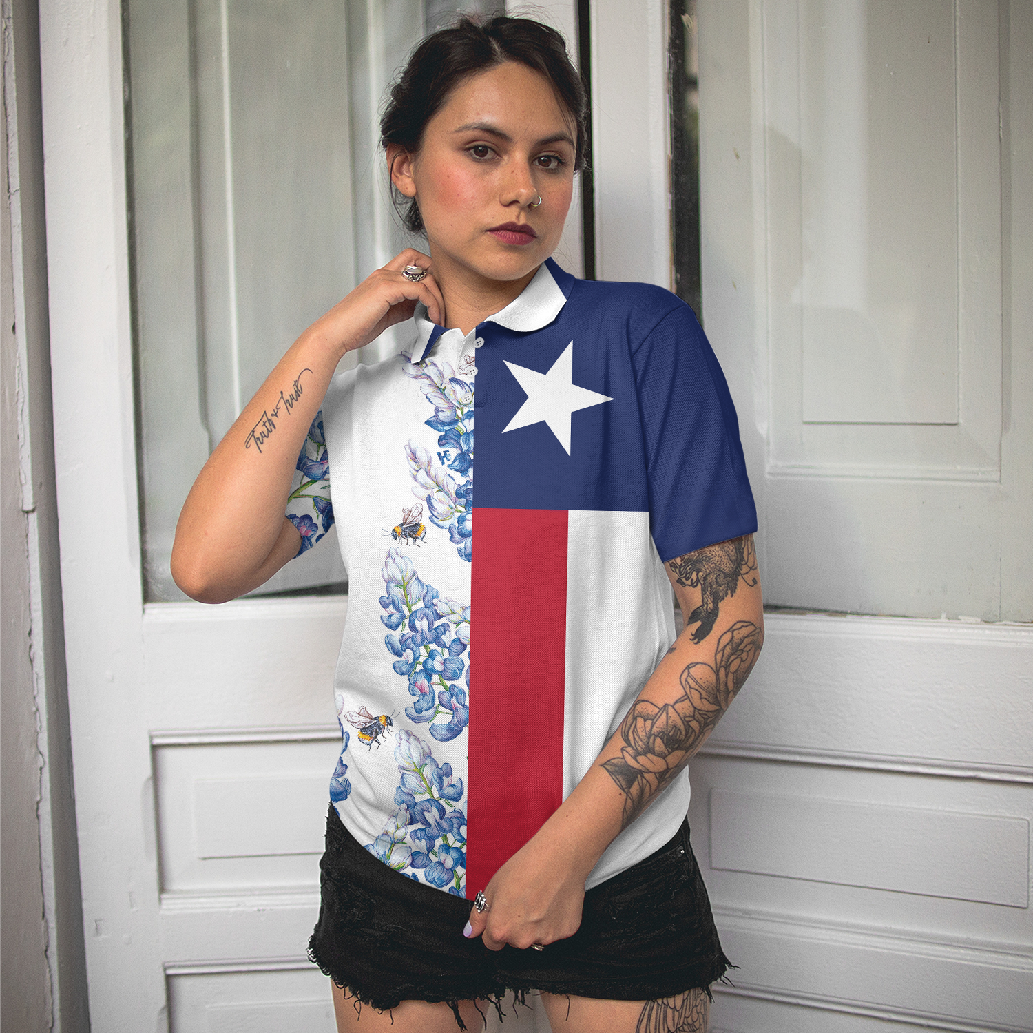 Texas Flag Bluebonnets Polo Shirt For Woman Short Sleeve Women Polo Shirt