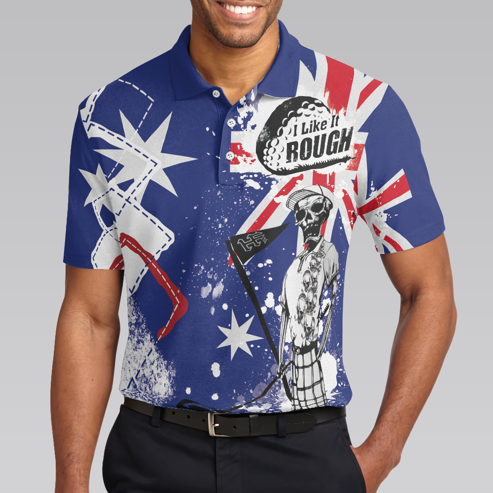 Golf I Like It Rough Australian Flag Polo Shirt, Argyle Pattern Skeleton Golfing Polo Shirt, Funny Golf Shirt For Men