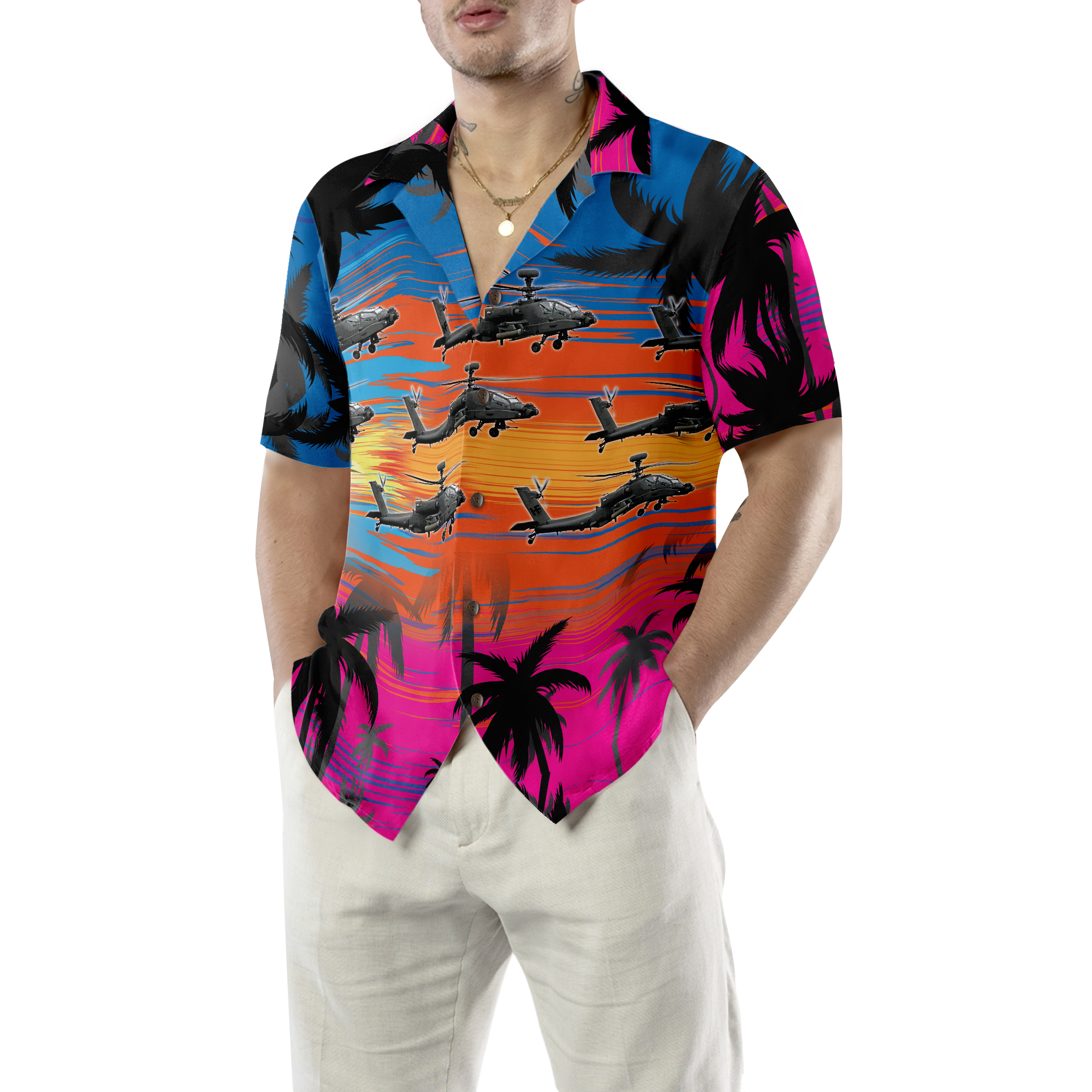 Helicopter Flies Dawn Sky Hawaiian Shirt