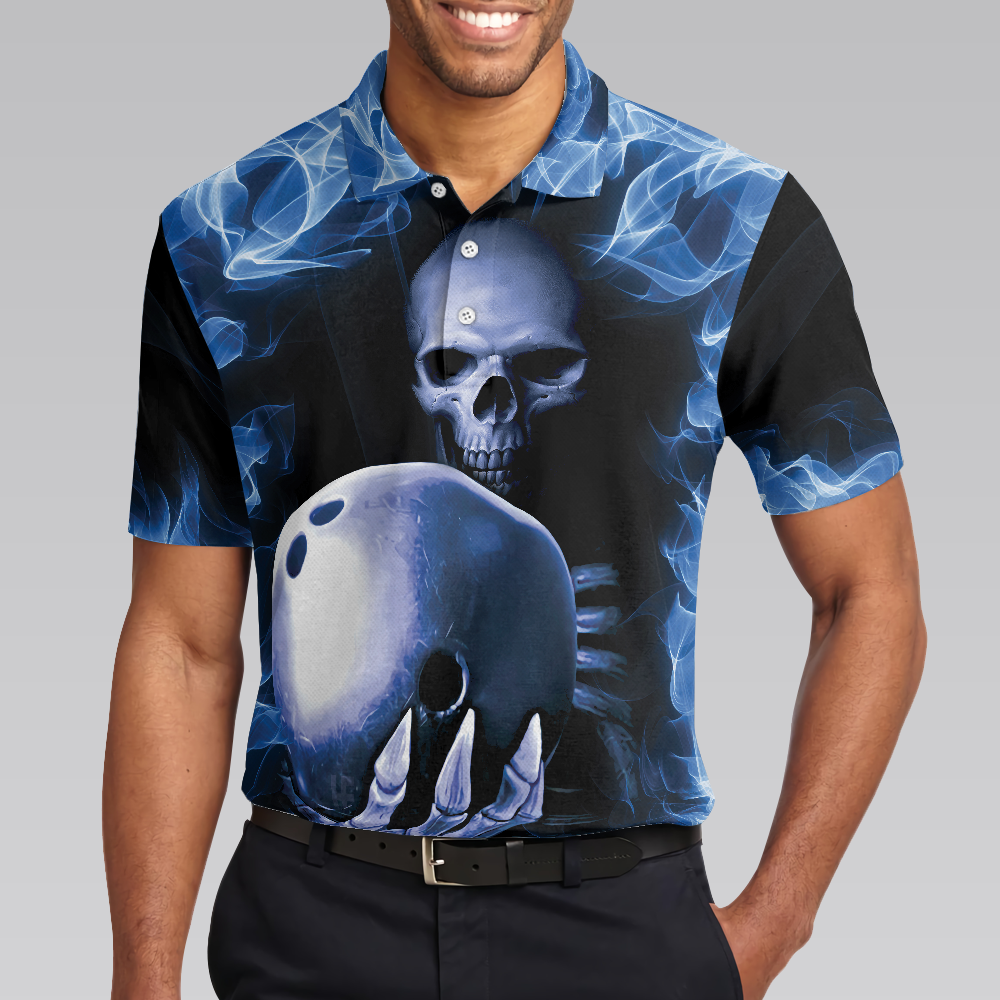Bowling Murder Polo Shirt, Blue Flame Pattern Bowling Polo Shirt, Scary Skull Shirt Design For Halloween