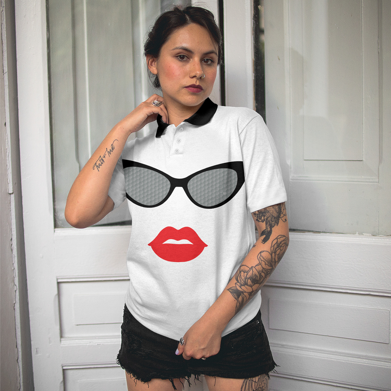 Sunglasses And Sexy Red Lips Golf Short Sleeve Women Polo Shirt, Unique White Golf Shirt For Ladies