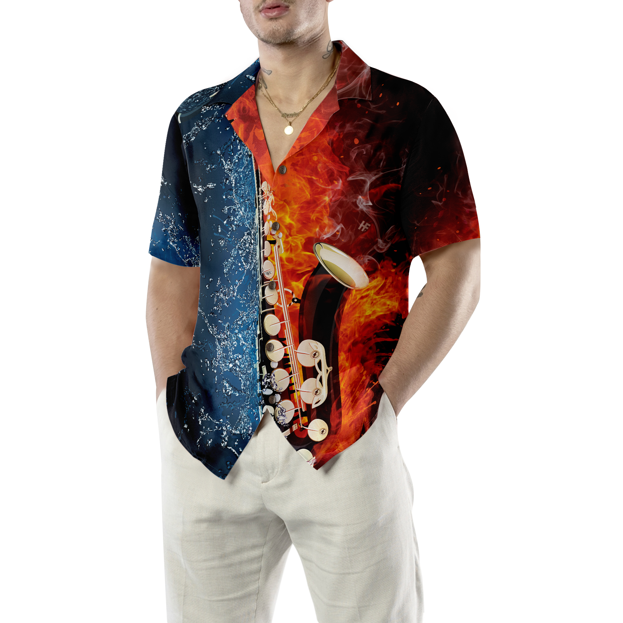 Saxophone With Water And Flame Hawaiian Shirt