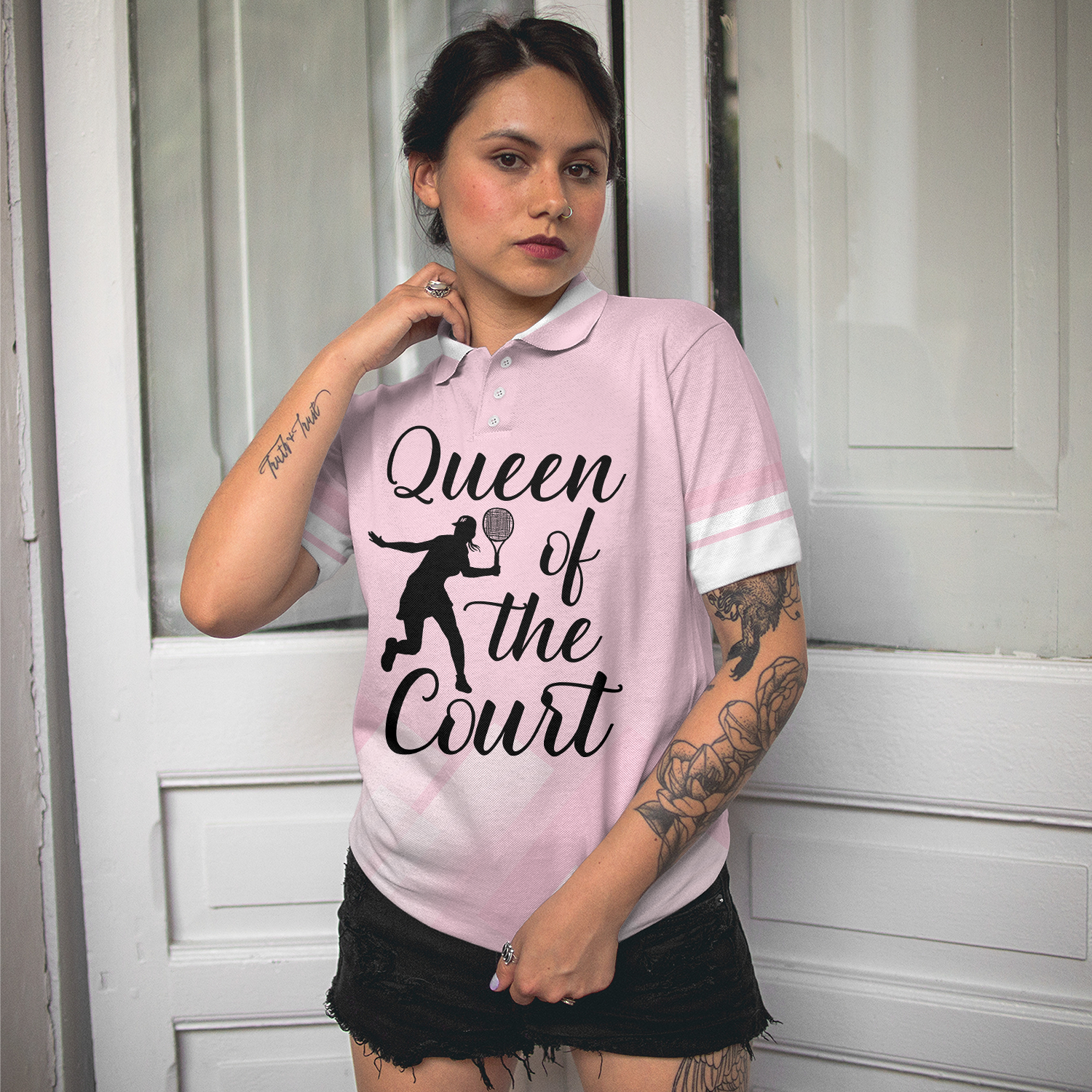 Queen Of The Court Pink Short Sleeve Women Polo Shirt, Cool Tennis Shirt For Ladies