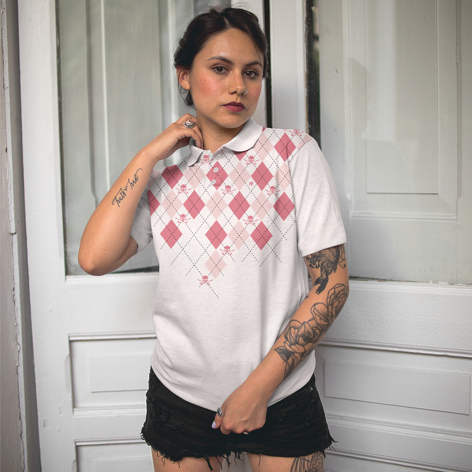 You Say Girls Can't Golf I Say Watch Me Short Sleeve Women Polo Shirt, Light Pink Argyle Pattern Shirt For Ladies