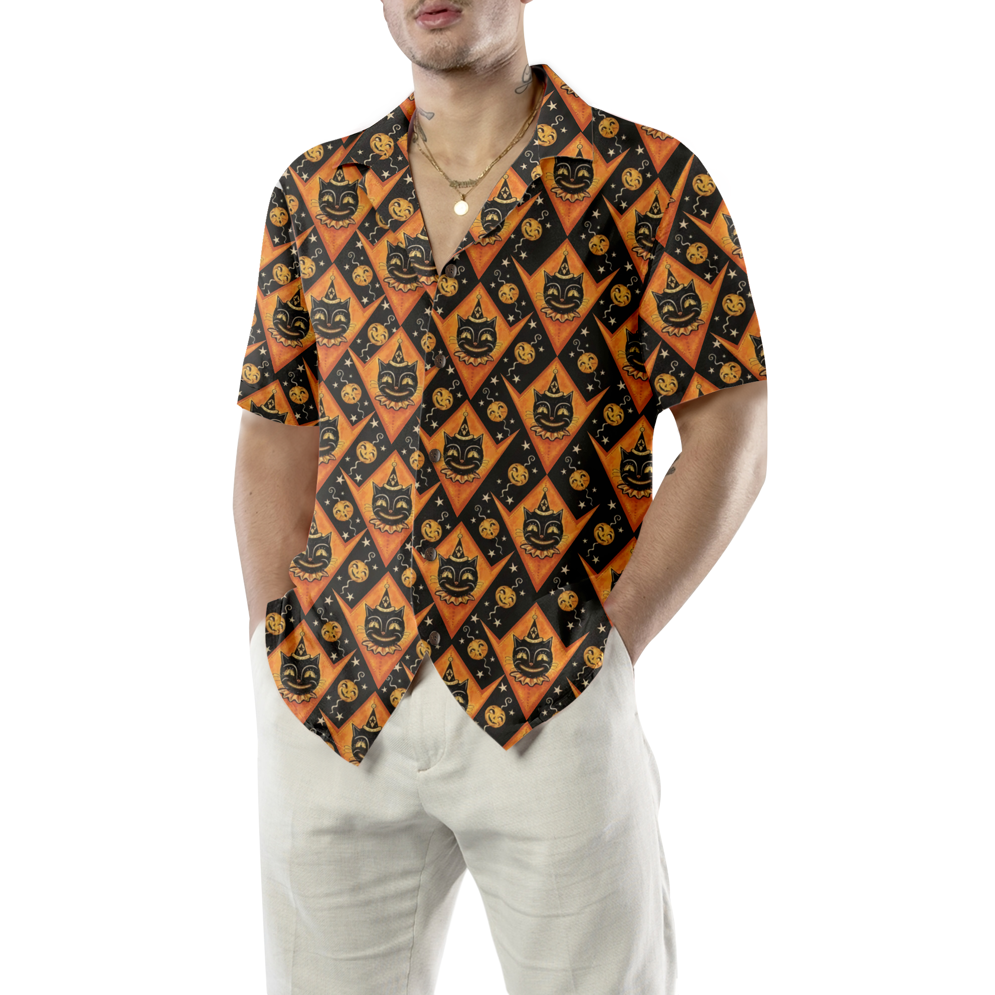 Grinning Black Cats Halloween Hawaiian Shirt For Men, Black And Pumpkin Orange Harlequin Pattern Hawaiian Shirt