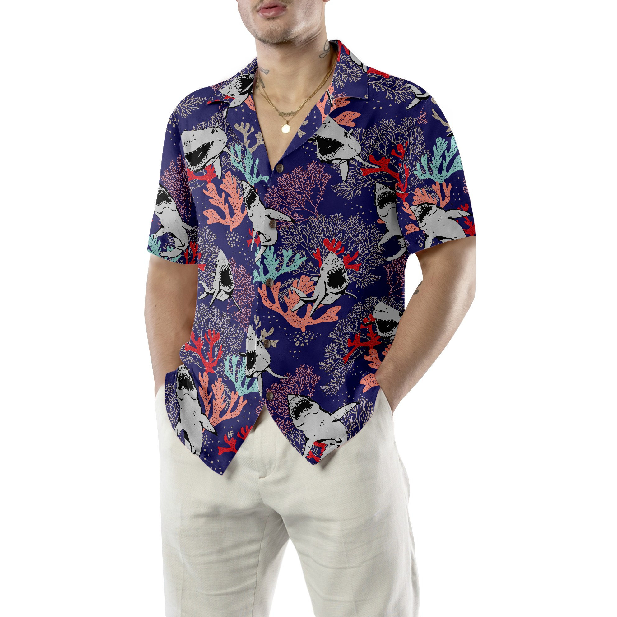 Blue Ocean Coral Sharks Hawaiian Shirt