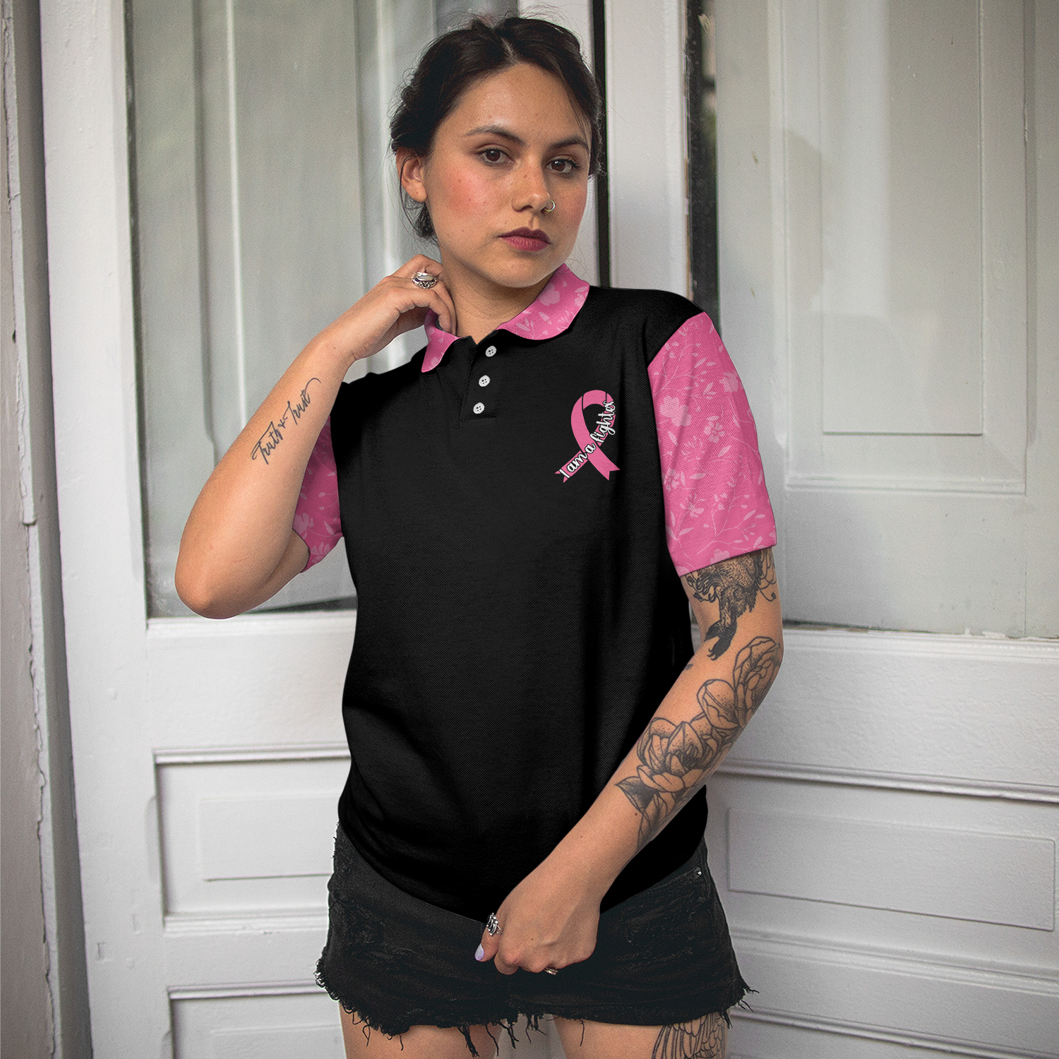 I Am A Breast Cancer Fighter Pink Flowers Awareness Ribbon Women Polo Shirt, Breast Cancer Awareness Polo Shirt For Ladies