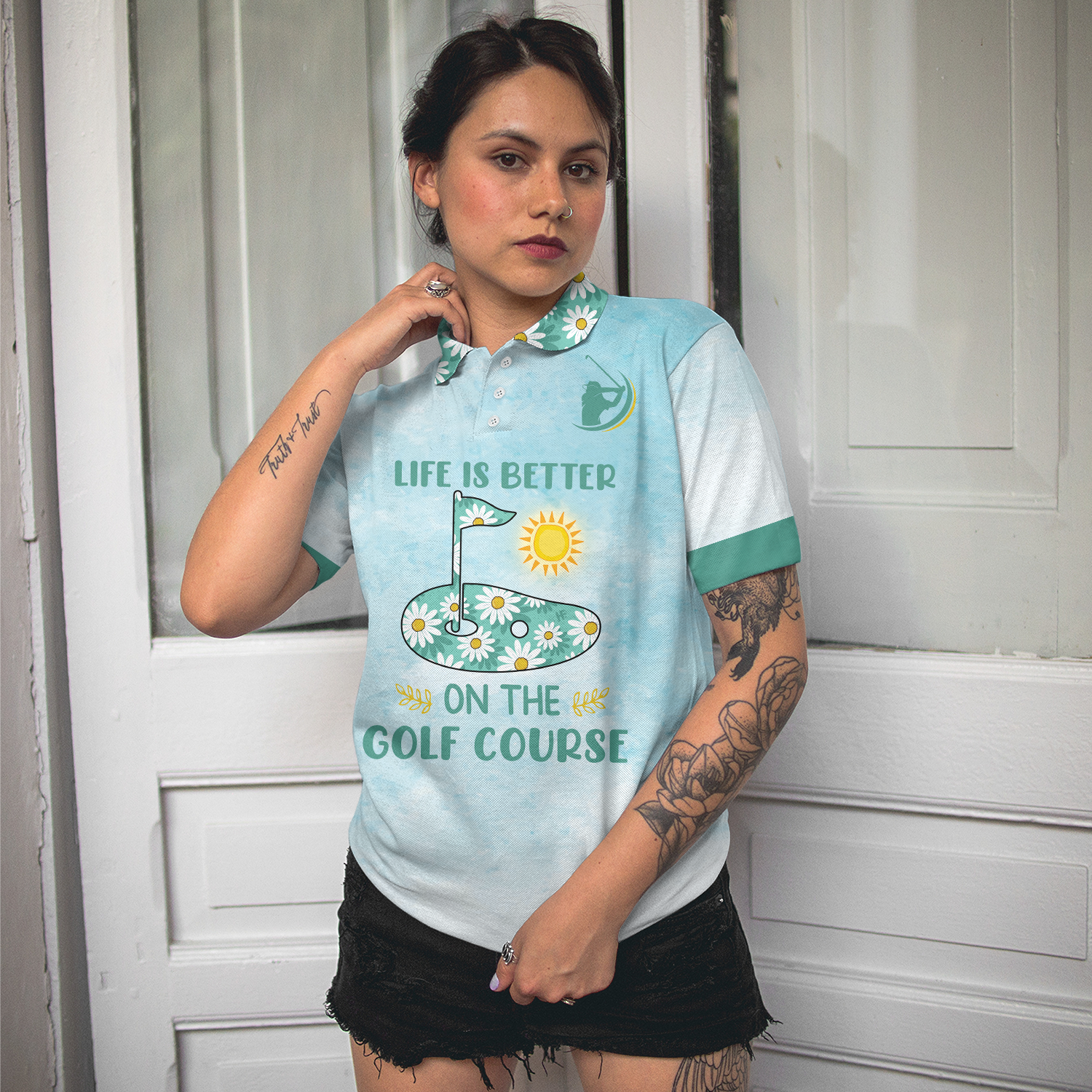 Life Is Better On The Golf Course Golf Girl Short Sleeve Women Polo Shirt, Light Blue Tie Dye Golf Shirt For Ladies