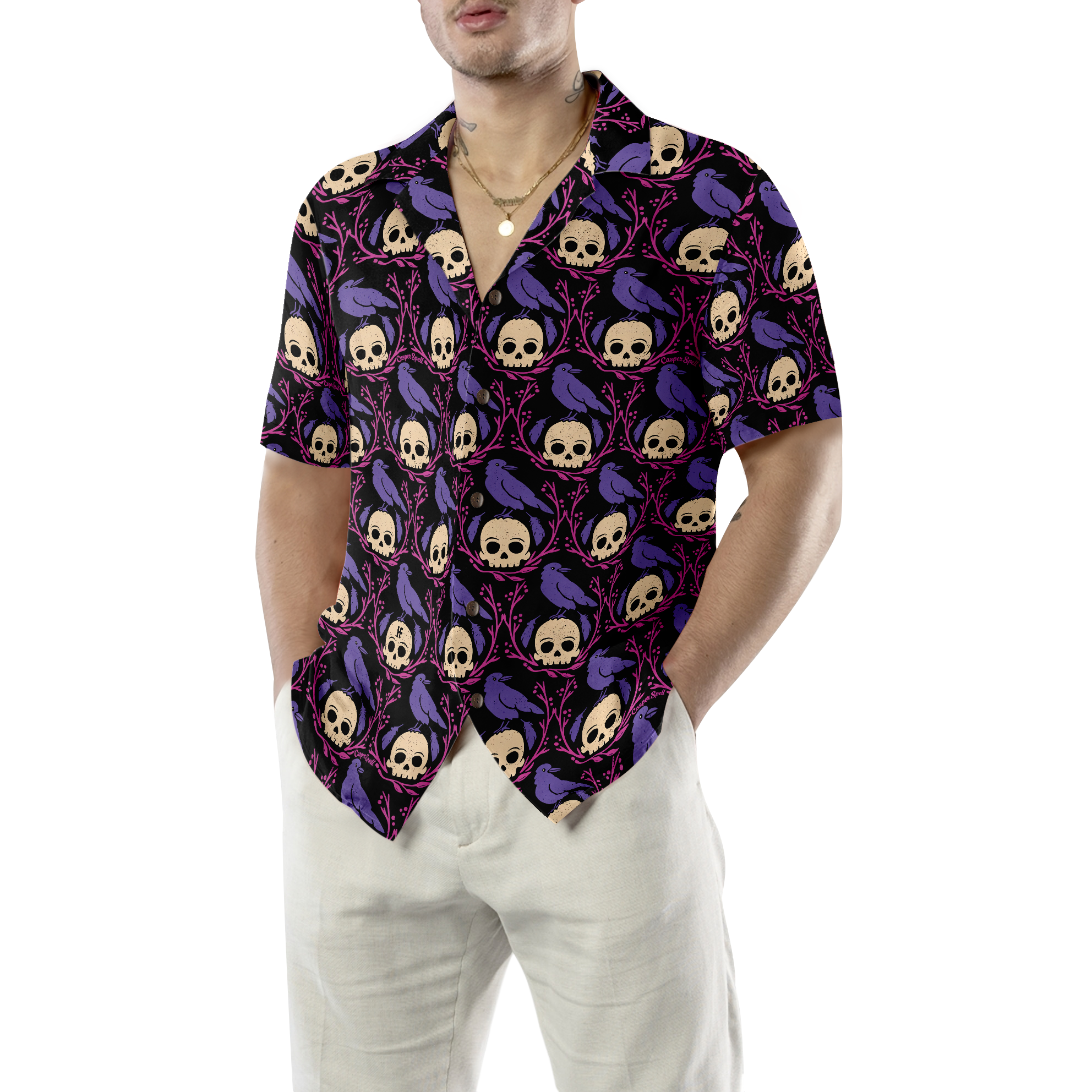 Raven Skull Halloween Shirt For Men Hawaiian Shirt