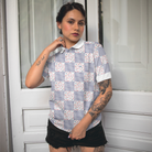 Little Flowers Blue Pink Plaid Short Sleeve Women Polo Shirt