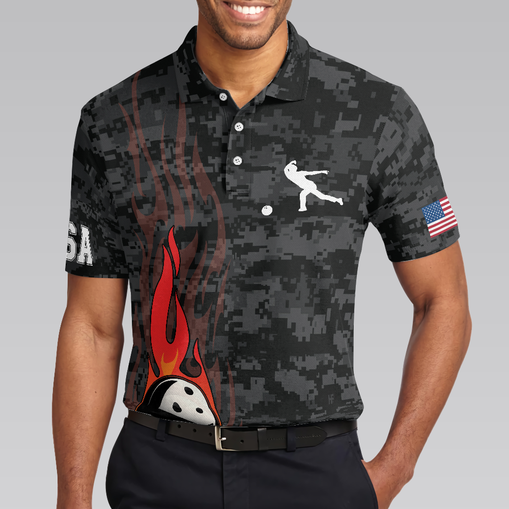 America Eagle Bowling Polo Shirt, Camouflage USA Flag Bowling Shirt For Men