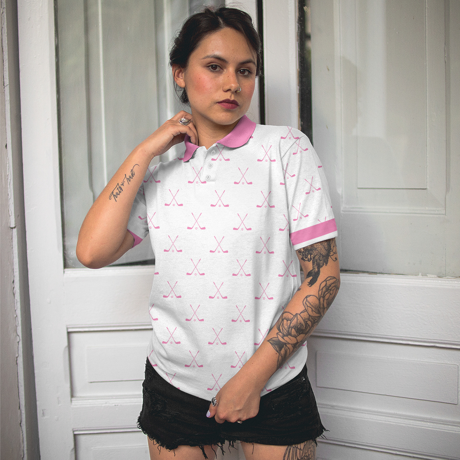 Crossed Golf Clubs Pink And White Golf Short Sleeve Women Polo Shirt, Simple Golf Shirt Design For Ladies