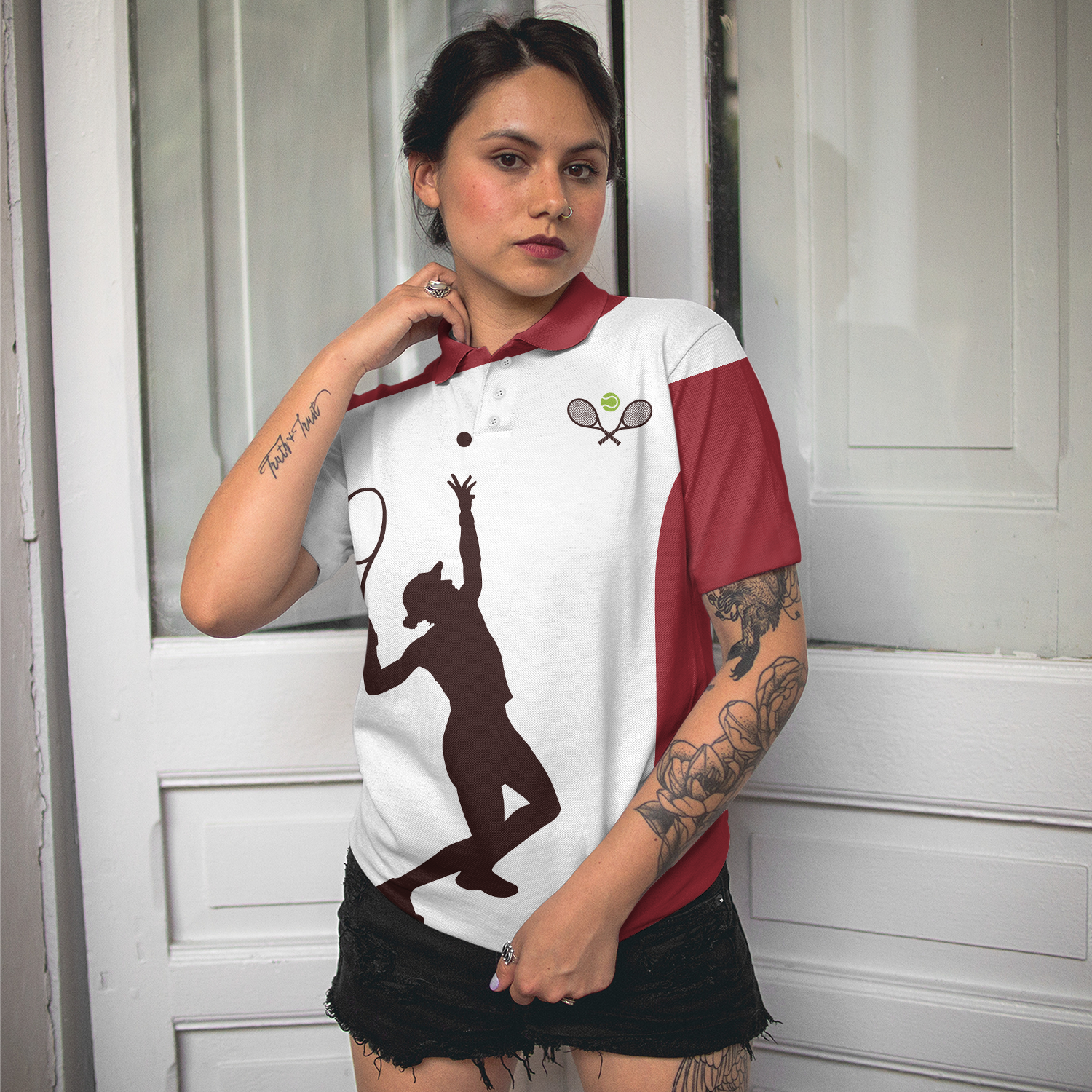 Living That Tennis Mom Life Short Sleeve Women Polo Shirt, White And Red Tennis Shirt For Ladies