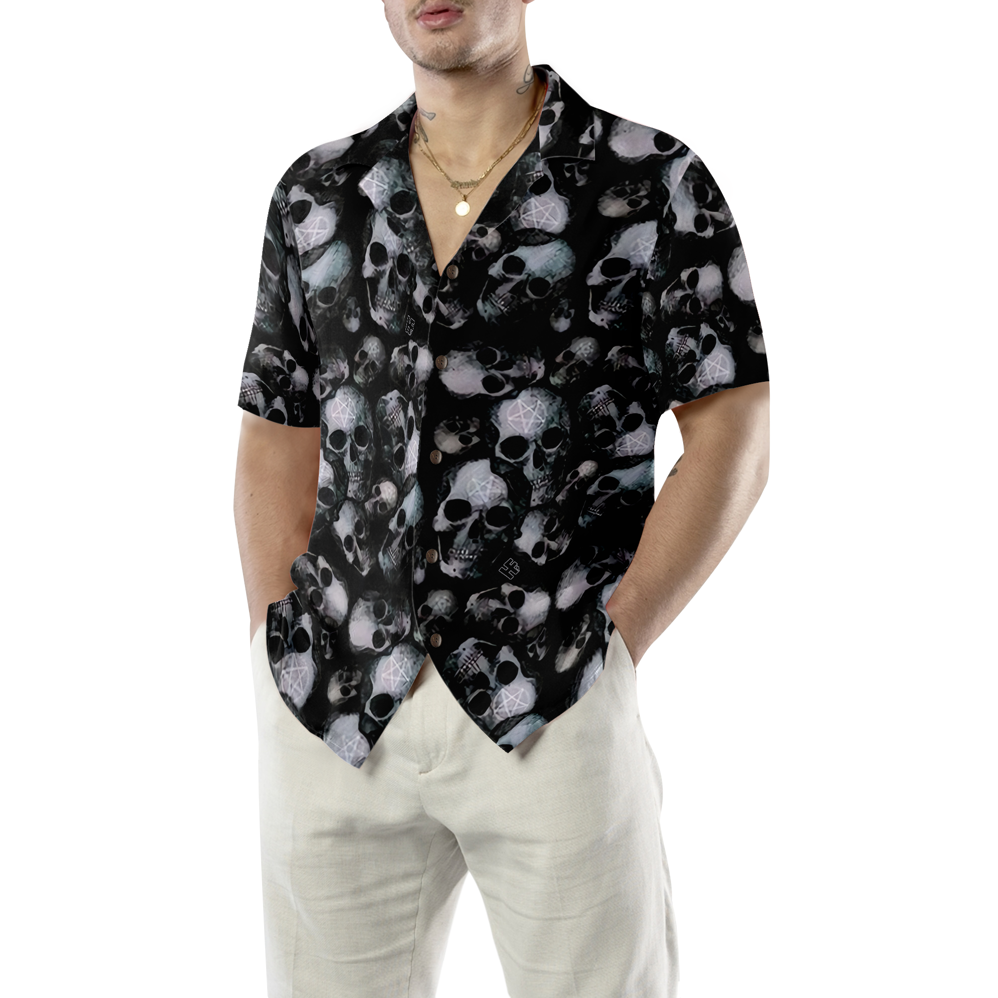 Pentagram Gothic Skull Hawaiian Shirt For Men, Black Skull Pattern All Over Print Hawaiian Shirt