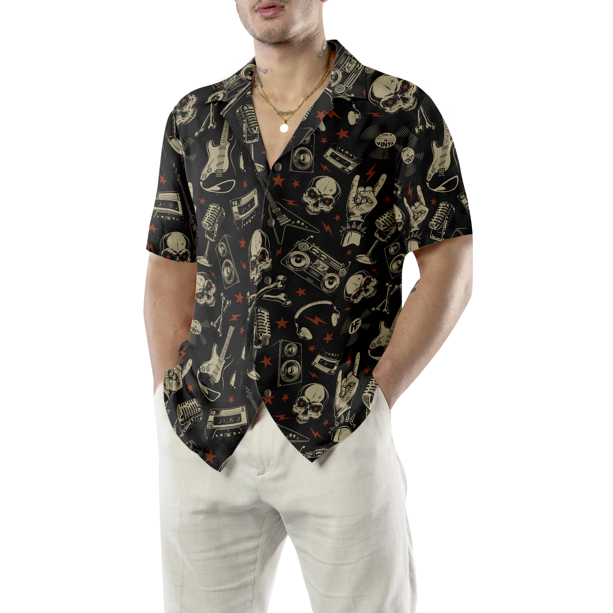 Rock N Roll Will Never Die Hawaiian Shirt, Electric Guitar Skull And Crossbones Hawaiian Shirt