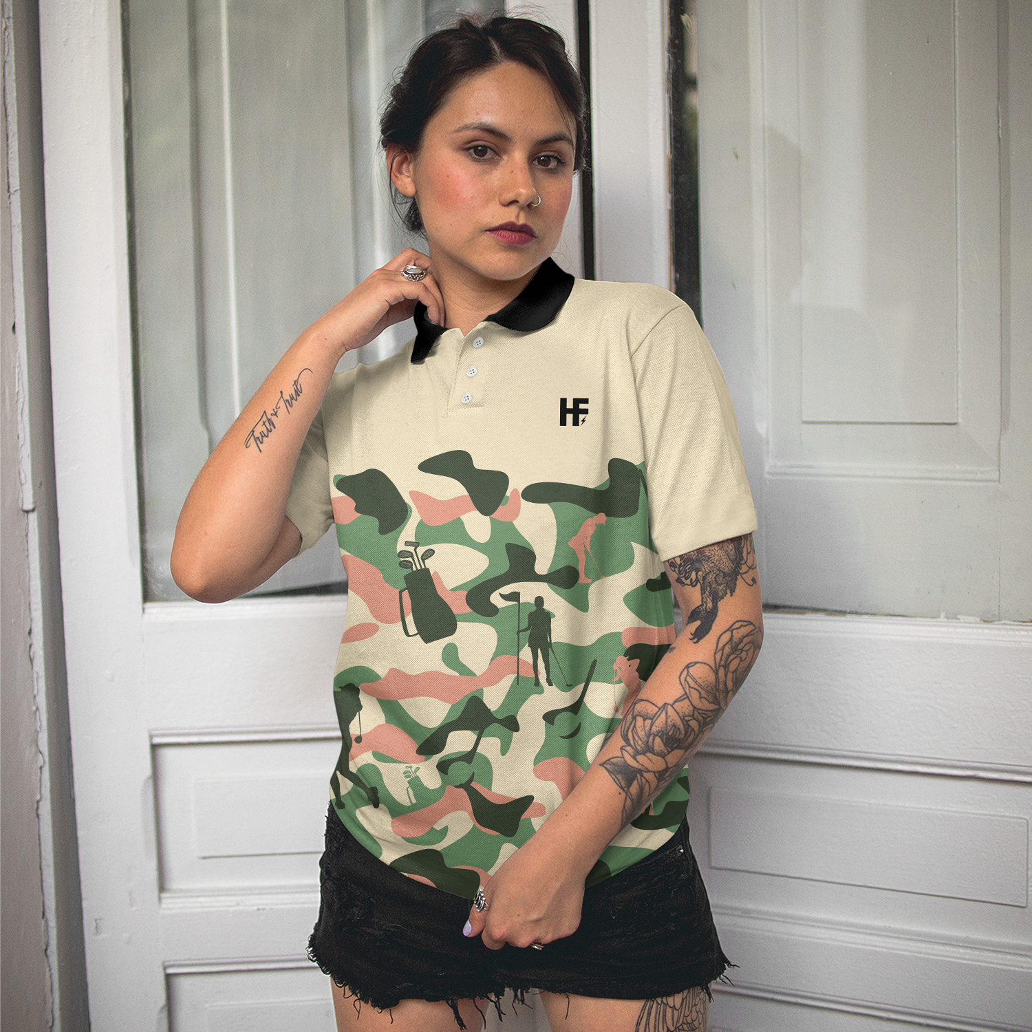 Camouflage Texture Golf Set For Woman Short Sleeve Women Polo Shirt, Camo Golf Shirt For Ladies, Unique Female Golf Gift