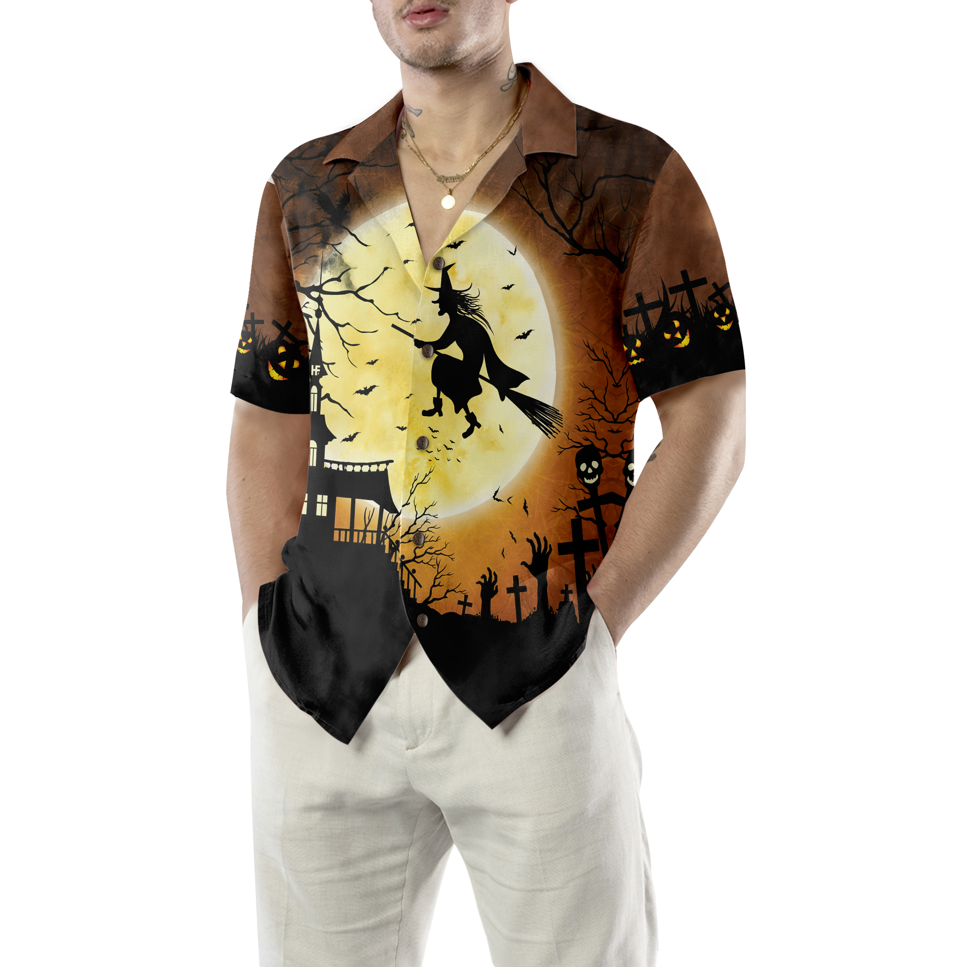Halloween Night Flying Witch Over A Castle Hawaiian Shirt, Full Moon Pumpkin Graveyard Zombie Hawaiian Shirt For Men