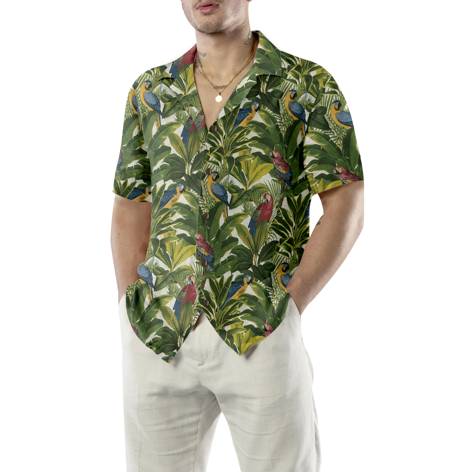 Exotic Parrots Tropical Leaves Hawaiian Shirt