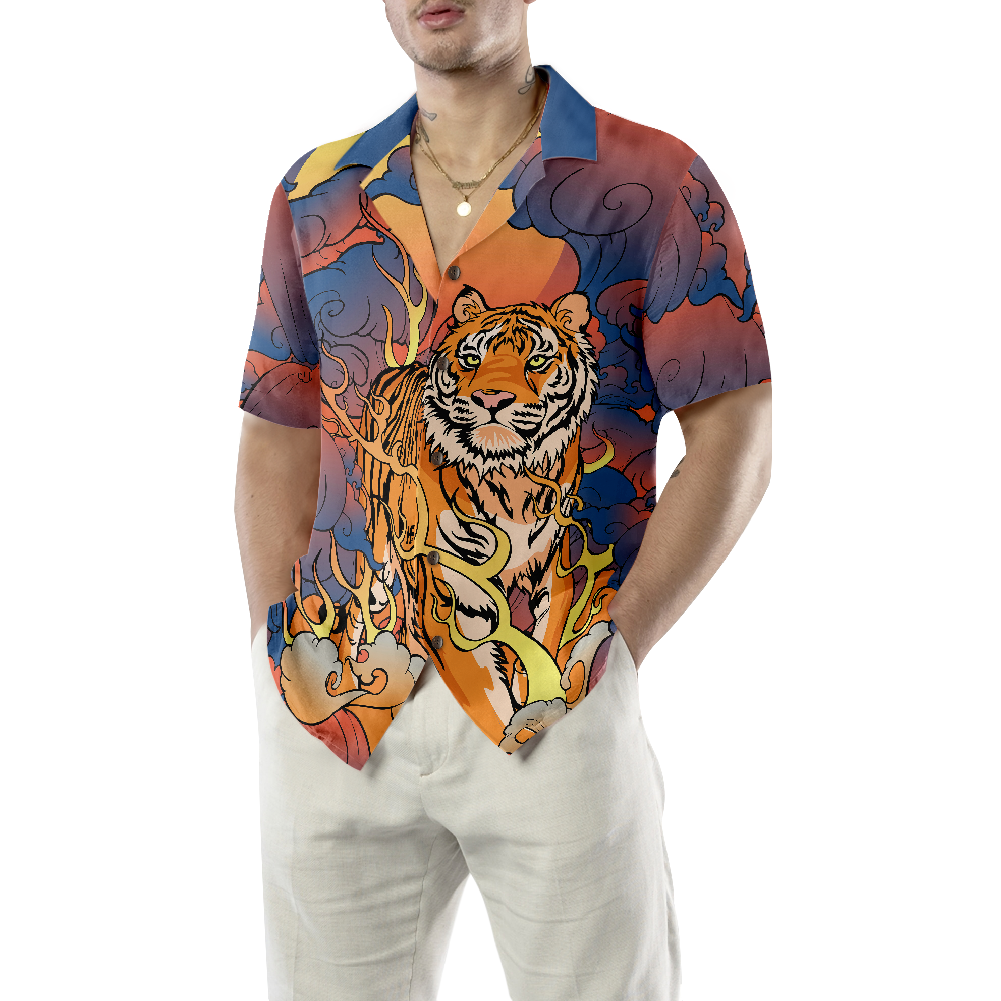 Oriental Powerful Tiger Hawaiian Shirt, Dawn Sun And Cloud Tiger Print Shirt For Men