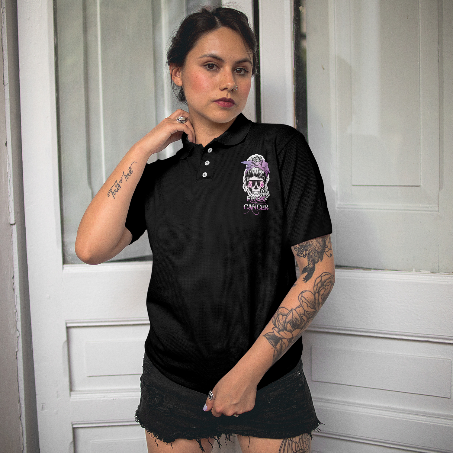 You Mess With The Wrong One, Fck Cancer V2 Short Sleeve Women Polo Shirt