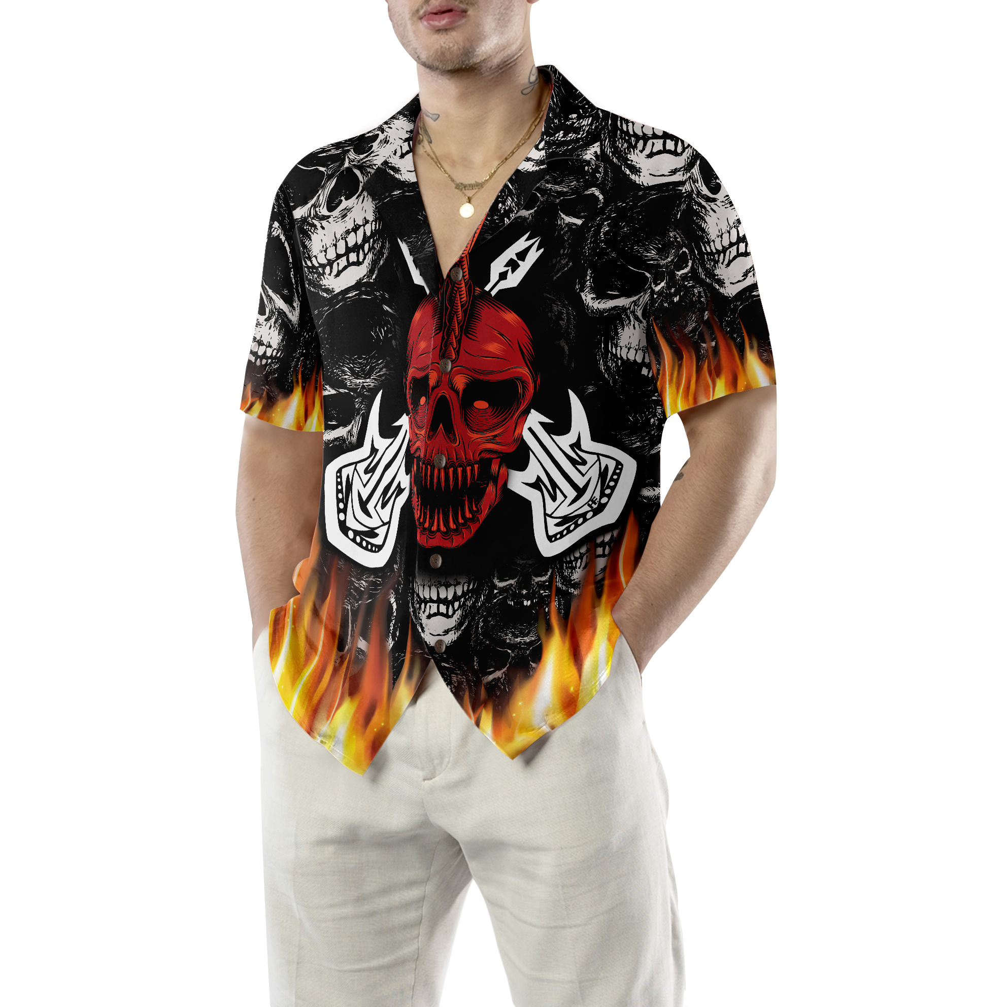 Punk Rock Never Dies Gothic Hawaiian Shirt, Flame Electric Guitar Crossbones And Skull Hawaiian Shirt