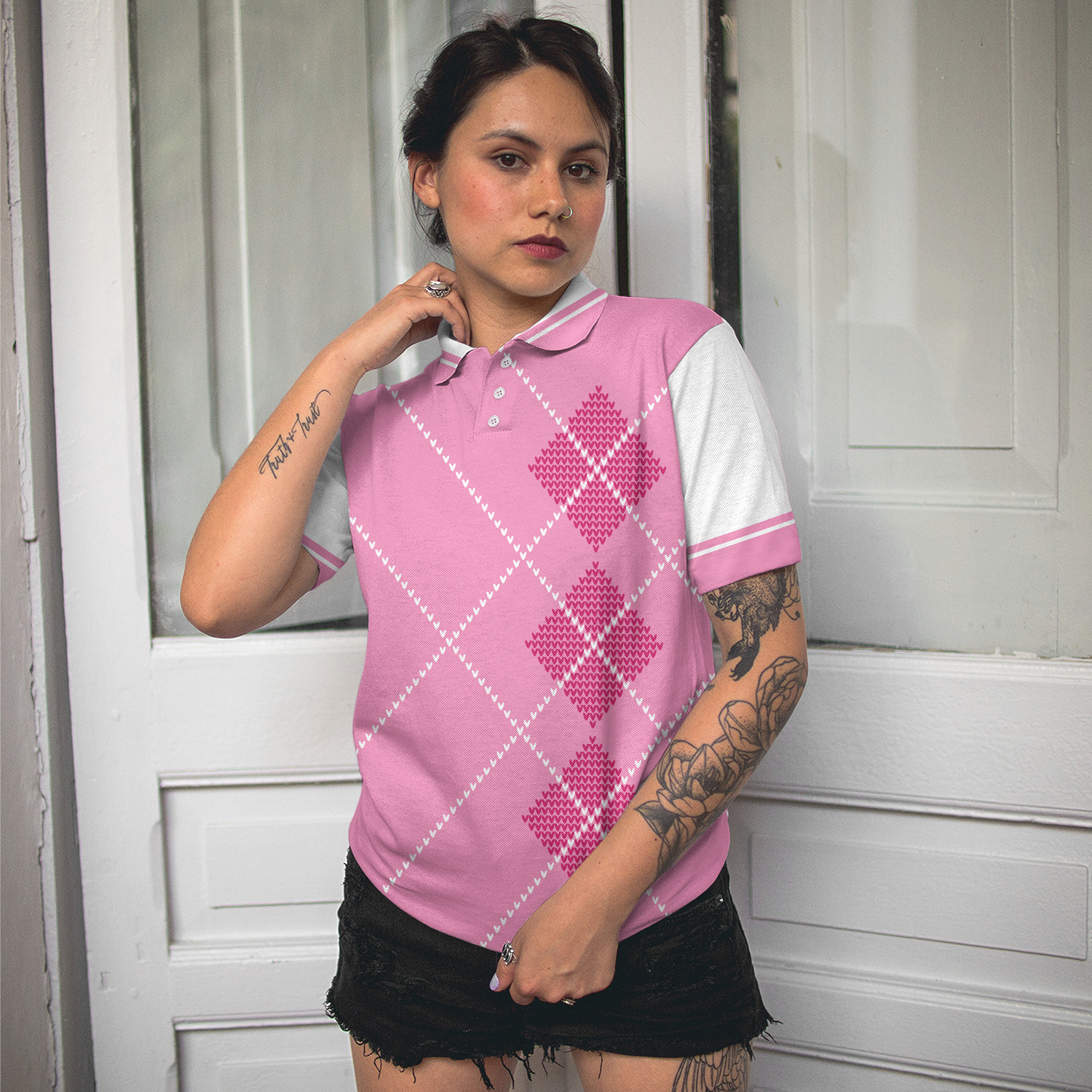 Eat Sleep Golf Repeat Golf Short Sleeve Women Polo Shirt, Pink Argyle Golf Shirt For Ladies