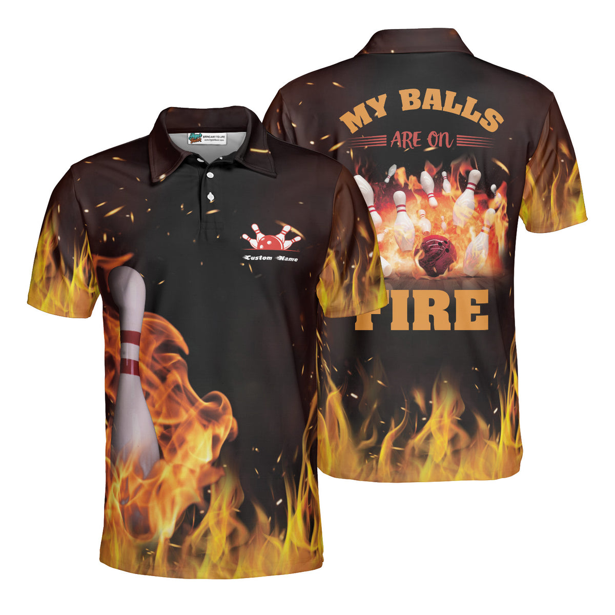 My Balls Are All Fire With Yellow Flames Custom Bowling Polo Shirt