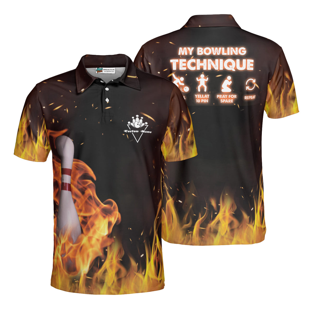 My Bowling Technique with Yellow Flames Custom Bowling Polo Shirt