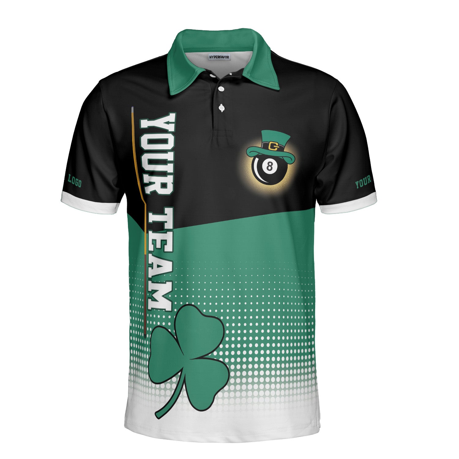 Personalized St. Patrick’s Day Men’s Billiard Polo Shirt with Shamrock and 8-Ball