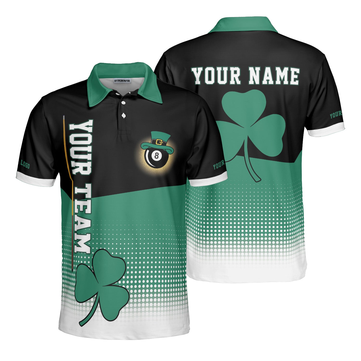 Personalized St. Patrick’s Day Men’s Billiard Polo Shirt with Shamrock and 8-Ball