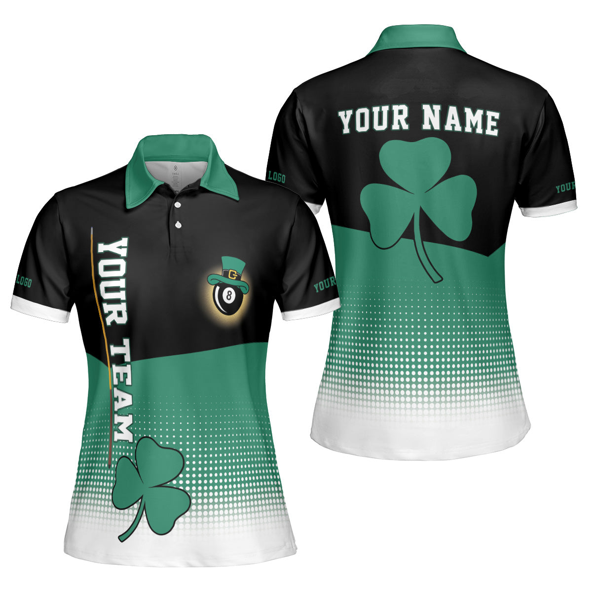 Personalized St. Patrick’s Day Women’s Billiard Polo Shirt with Shamrock and 8-Ball