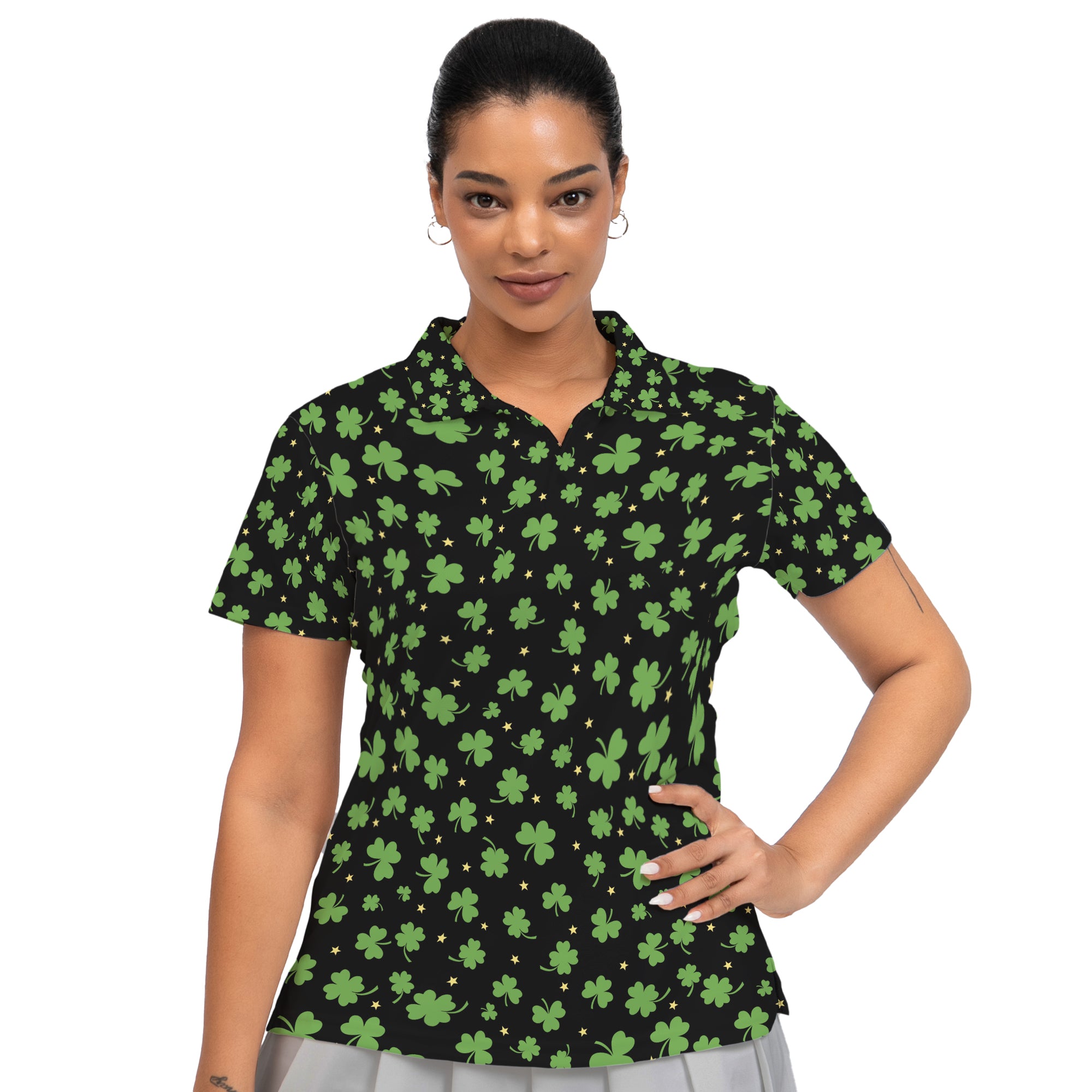 St. Patrick’s Day Black Clover Print Women’s Golf Polo Shirt