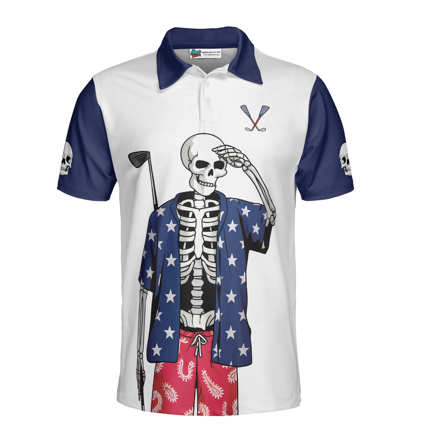 USA Flag Patriotic Skeleton Golf Polo Shirt Custom American Golf Shirt