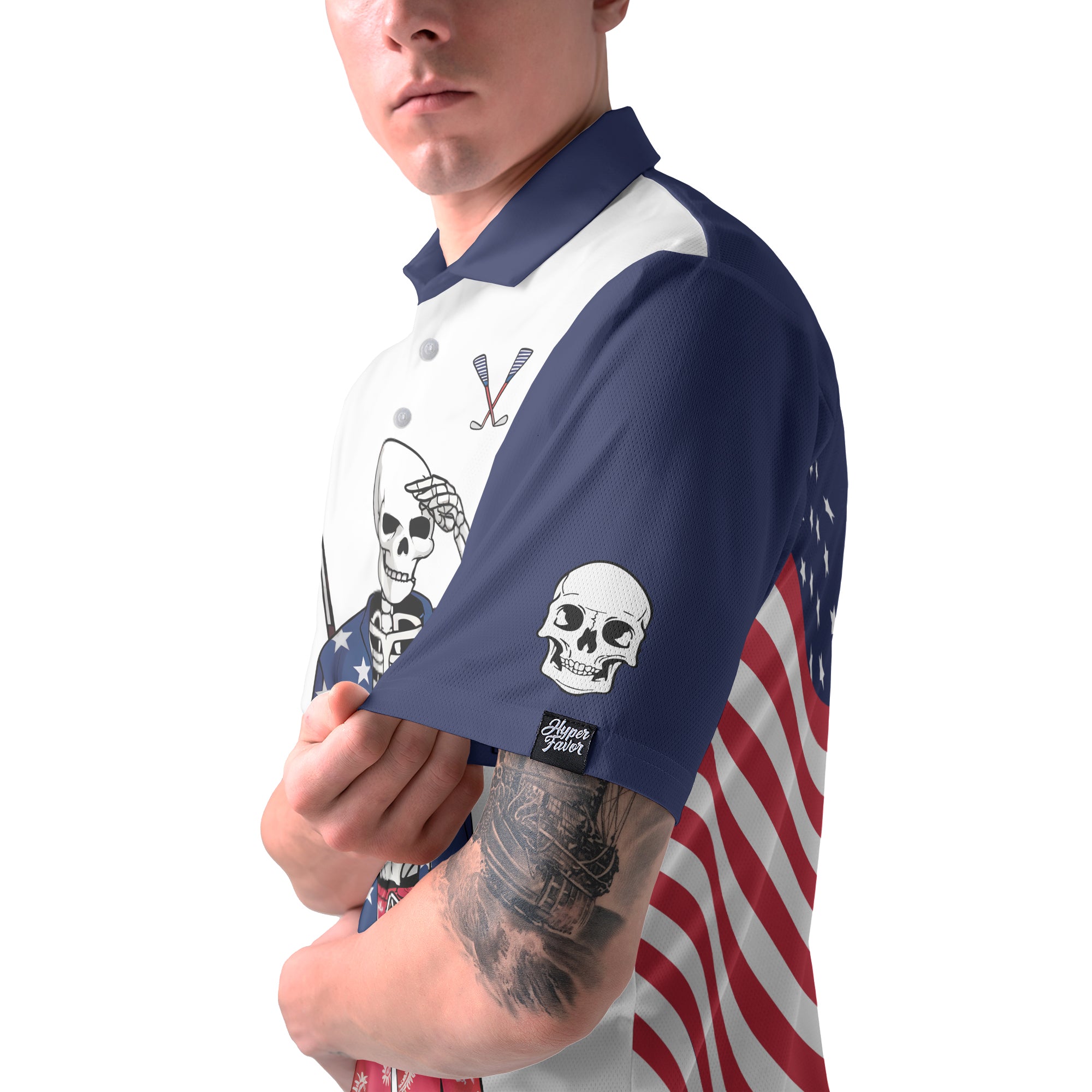 USA Flag Patriotic Skeleton Golf Polo Shirt Custom American Golf Shirt