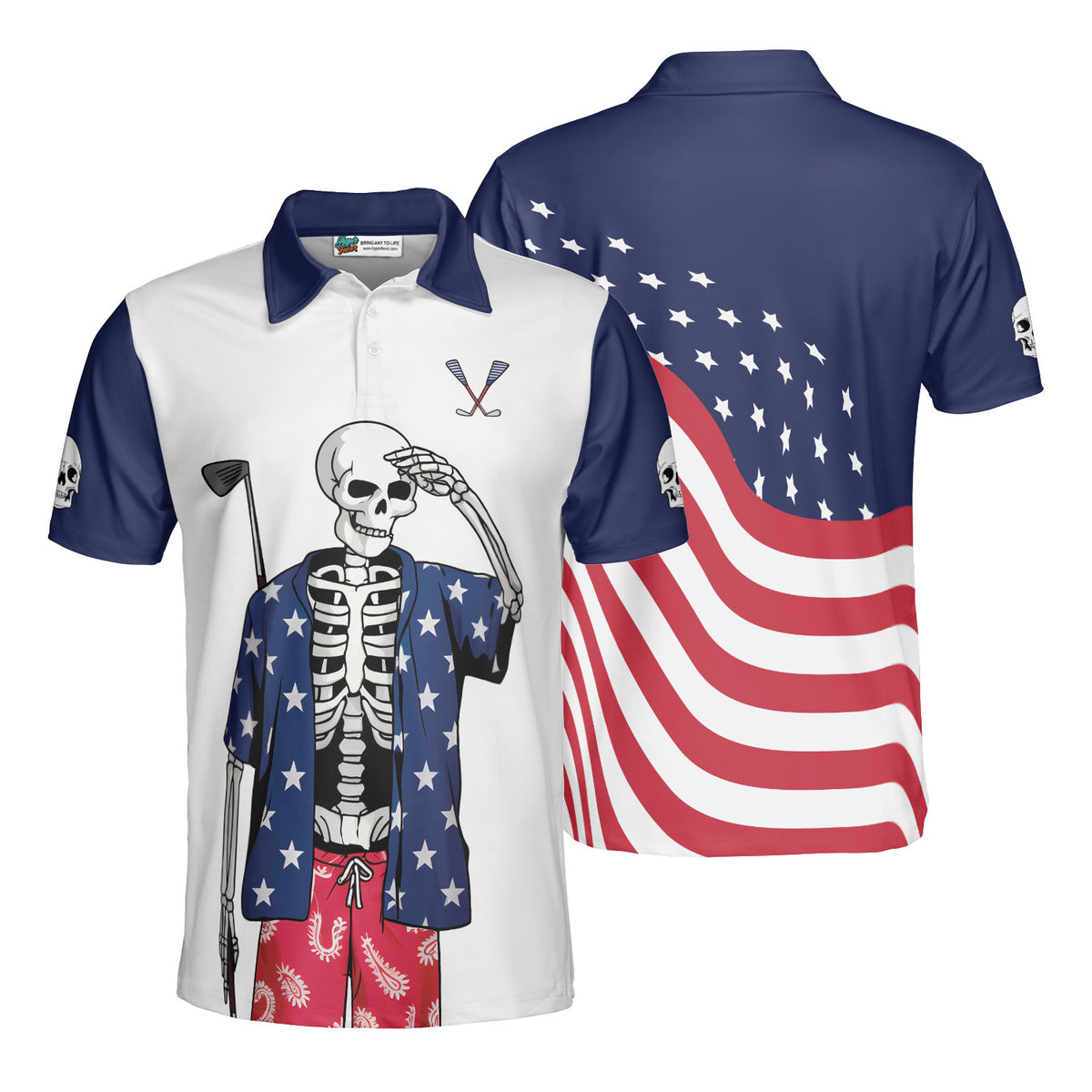 USA Flag Patriotic Skeleton Golf Polo Shirt Custom American Golf Shirt