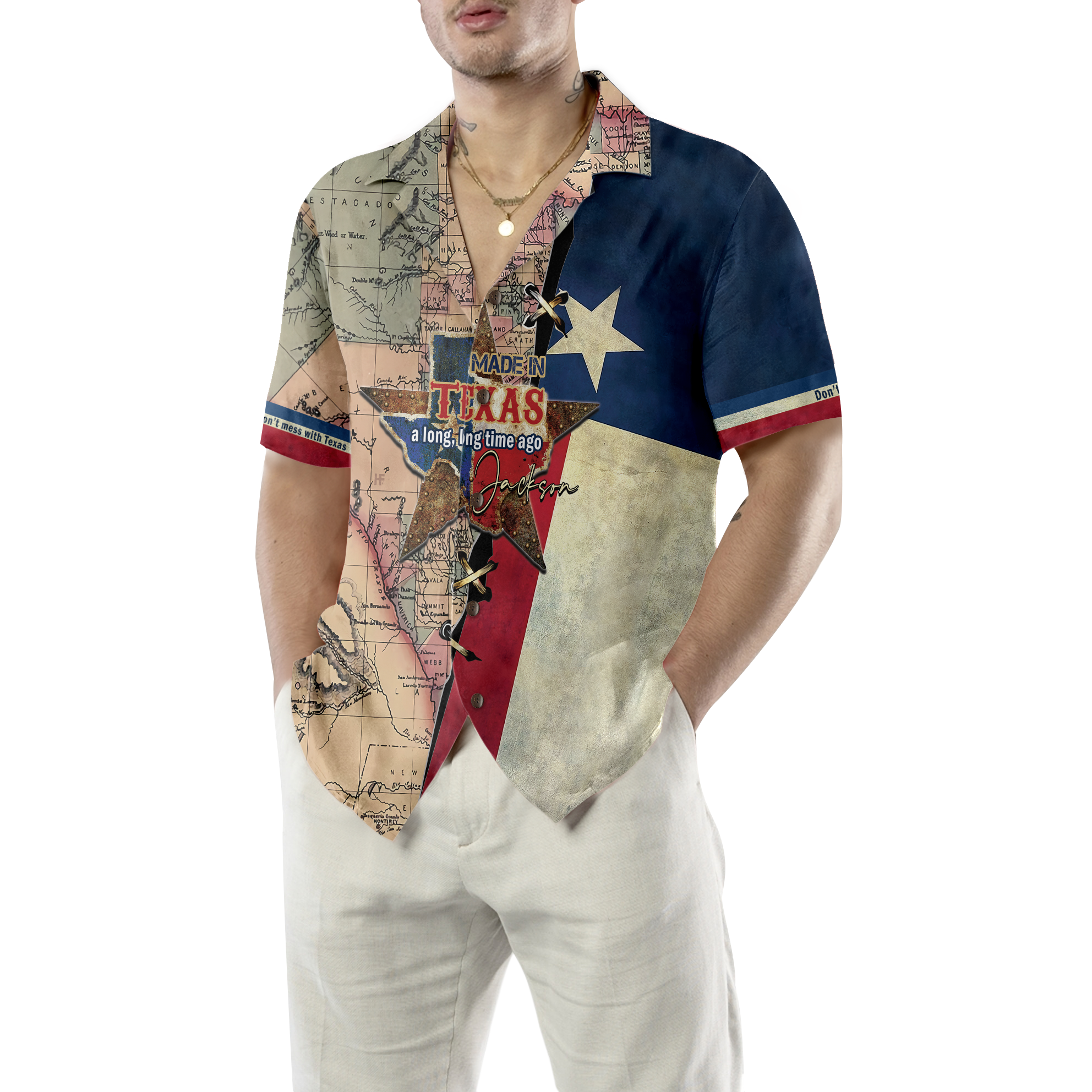 Made In Texas A Long, Long Time Ago Custom Hawaiian Shirt, State Of Texas Map Shirt, Texas Flag Shirt For Men - Hyperfavor