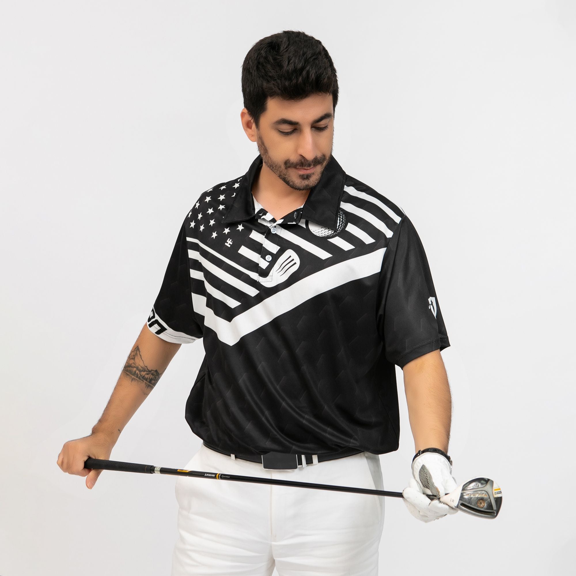 Swing Swear Drink Repeat Custom Polo Shirt, Personalized Black American Flag Golf Shirt For Men - Hyperfavor