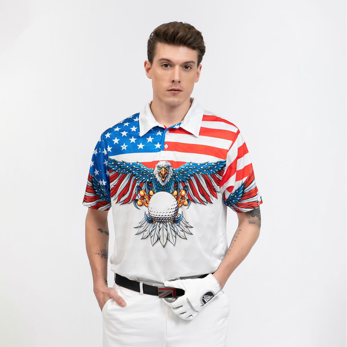 Golf American Flag Eagle Wings Polo Shirt, White Golf Pattern And Golf Ball Polo Shirt, Patriotic Golf Shirt For Men - Hyperfavor