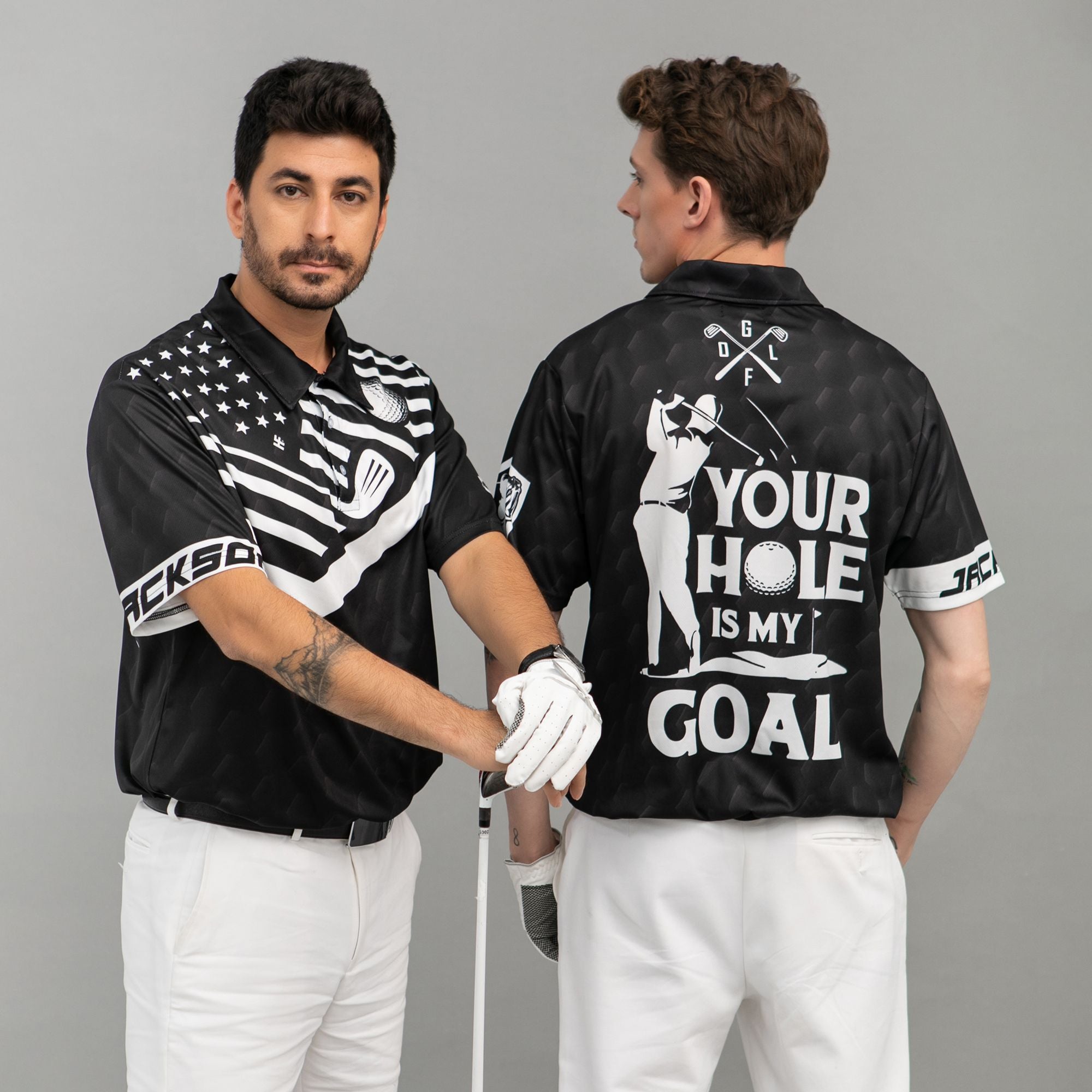 Your Hole Is My Goal Custom Polo Shirt, Personalized Black American Flag Golf Shirt For Men - Hyperfavor