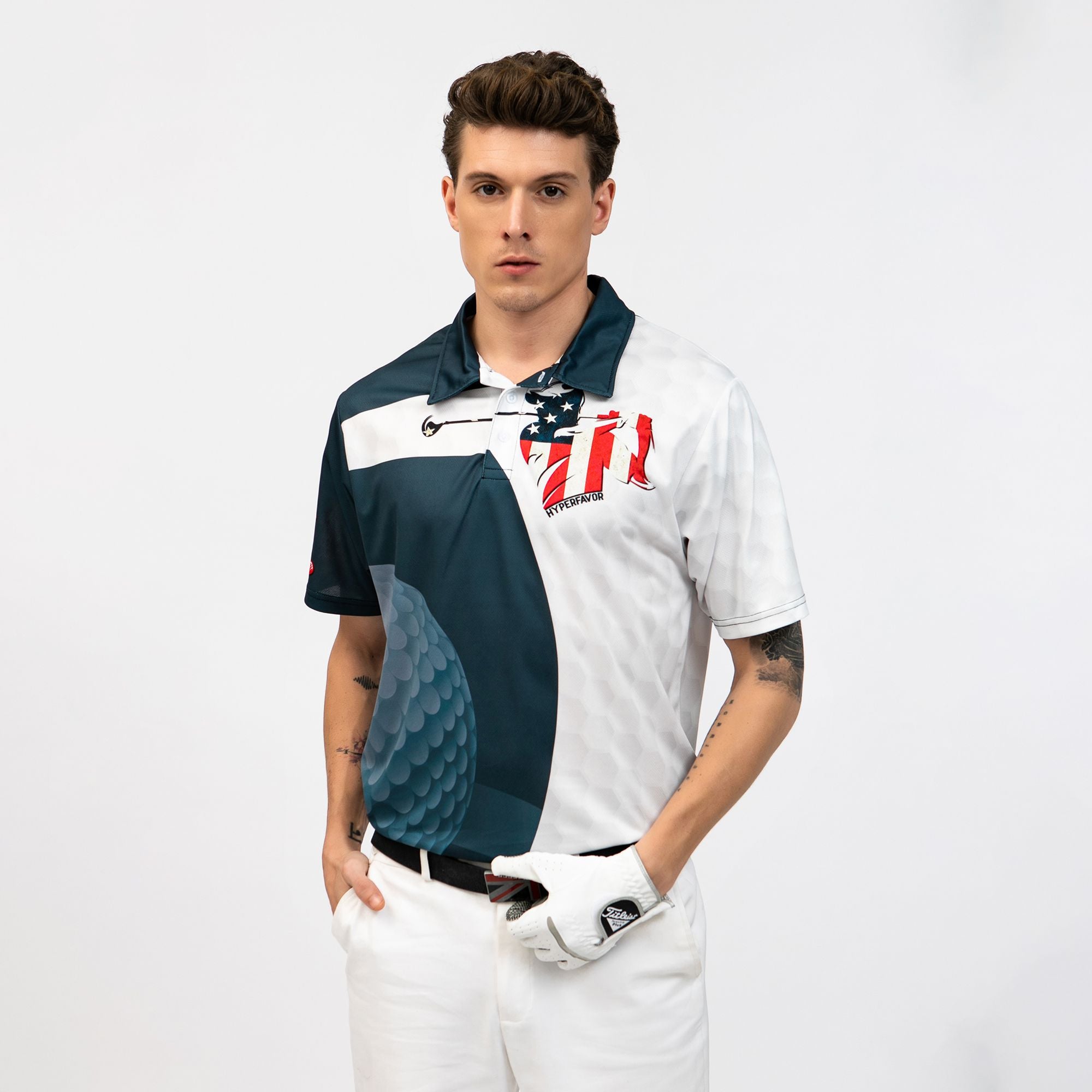 Golf Swing American Flag Golf Ball Texture Polo Shirt, Patriotic Golf Shirt For Men, Cool Gift For Golfers - Hyperfavor