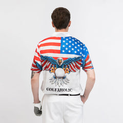 Golf American Flag Eagle Wings Polo Shirt, White Golf Pattern And Golf Ball Polo Shirt, Patriotic Golf Shirt For Men - Hyperfavor