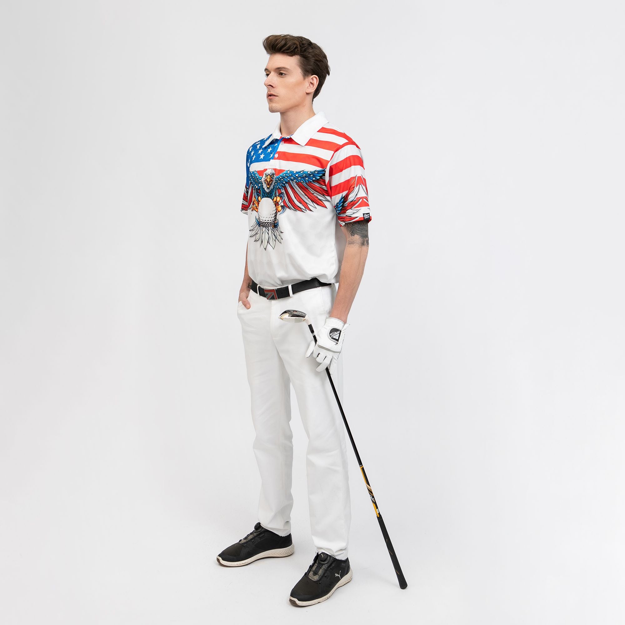 Golf American Flag Eagle Wings Polo Shirt, White Golf Pattern And Golf Ball Polo Shirt, Patriotic Golf Shirt For Men - Hyperfavor