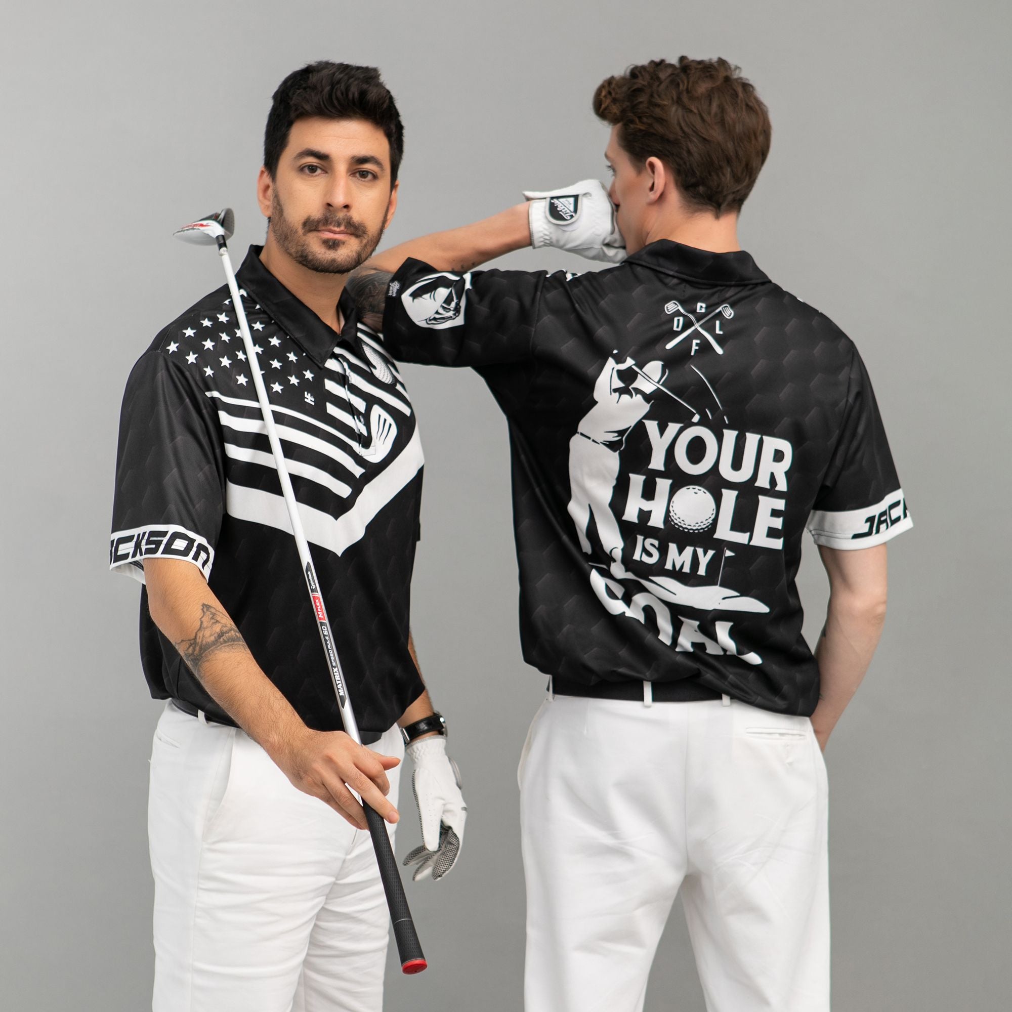 Your Hole Is My Goal Custom Polo Shirt, Personalized Black American Flag Golf Shirt For Men - Hyperfavor