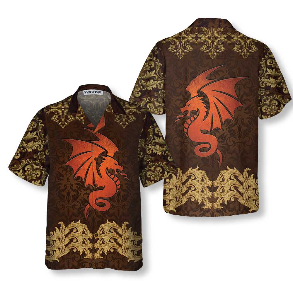 Baroque Dark Brown Dragon Hawaiian Shirt, Vintage Pattern Dragon Shirt - Hyperfavor