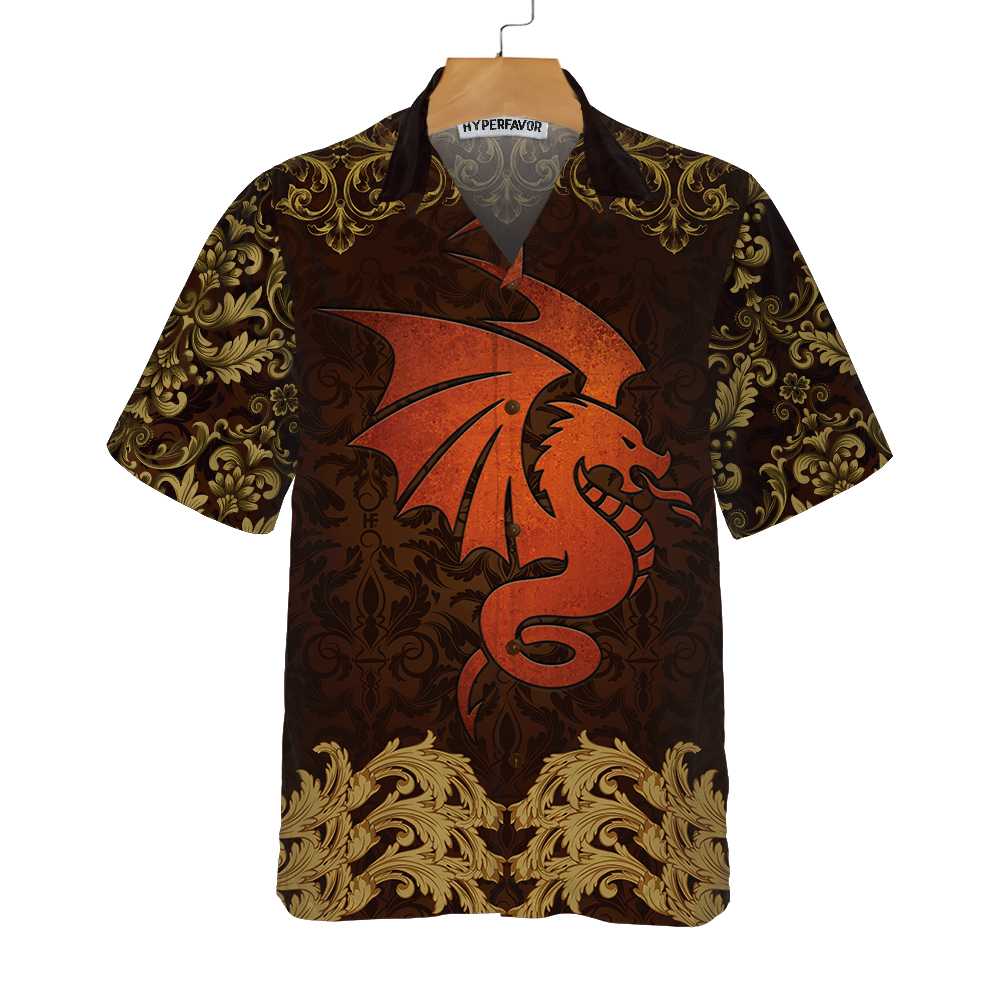Baroque Dark Brown Dragon Hawaiian Shirt, Vintage Pattern Dragon Shirt - Hyperfavor