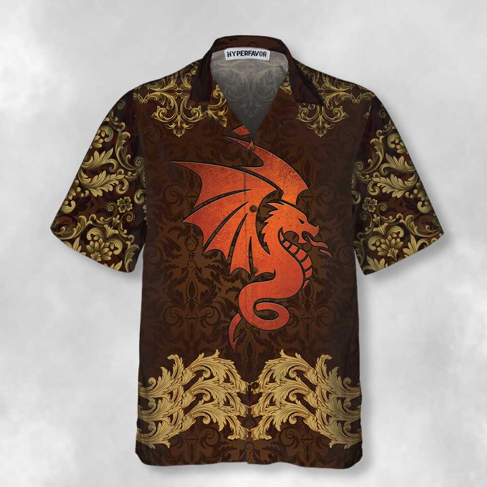 Baroque Dark Brown Dragon Hawaiian Shirt, Vintage Pattern Dragon Shirt - Hyperfavor