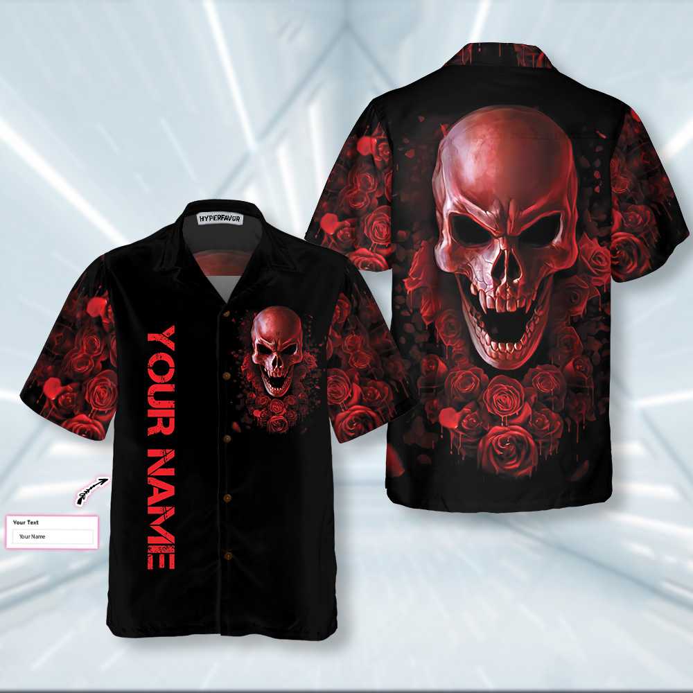 Blood Rose Skull Custom Hawaiian Shirt, Red Rose Gothic Skull Shirt For Halloween - Hyperfavor
