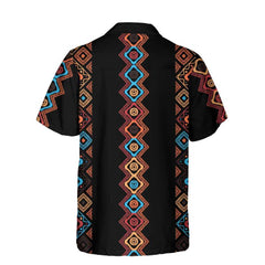 Native American Indian Tribal Chief Wearing A Hawaiian Shirt With Colorful,  Seamless Ethnic Pattern.