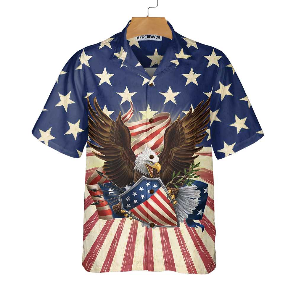 Patriotic Eagle Defending Honor And America Hawaiian Shirt, American Flag Button-down Shirt - Hyperfavor