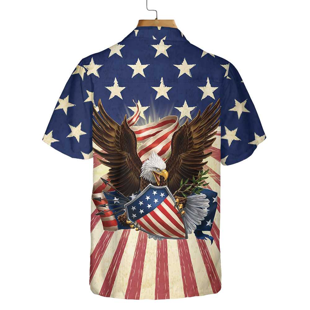 Patriotic Eagle Defending Honor And America Hawaiian Shirt, American Flag Button-down Shirt - Hyperfavor